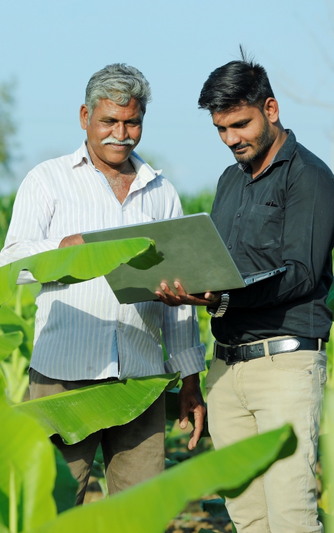 Syngenta | Two man smiling and looking at laptop screen in front field